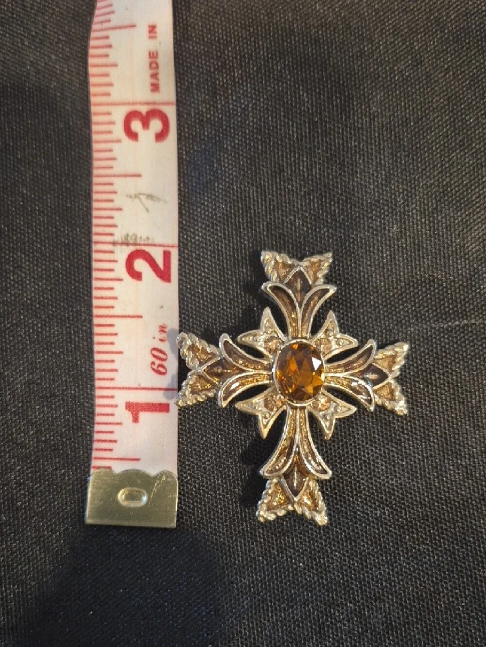 Vintage Monet Ornate Gold Maltese Cross Brooch with Amber Stone
